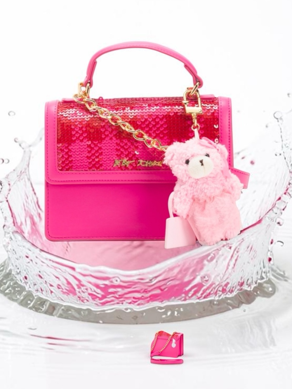 BETSEY Johnson MYLO PINK SEQUIN satchel CROSSBODY BAG pink teddy BEAR bag CHARM - Picture 2 of 13